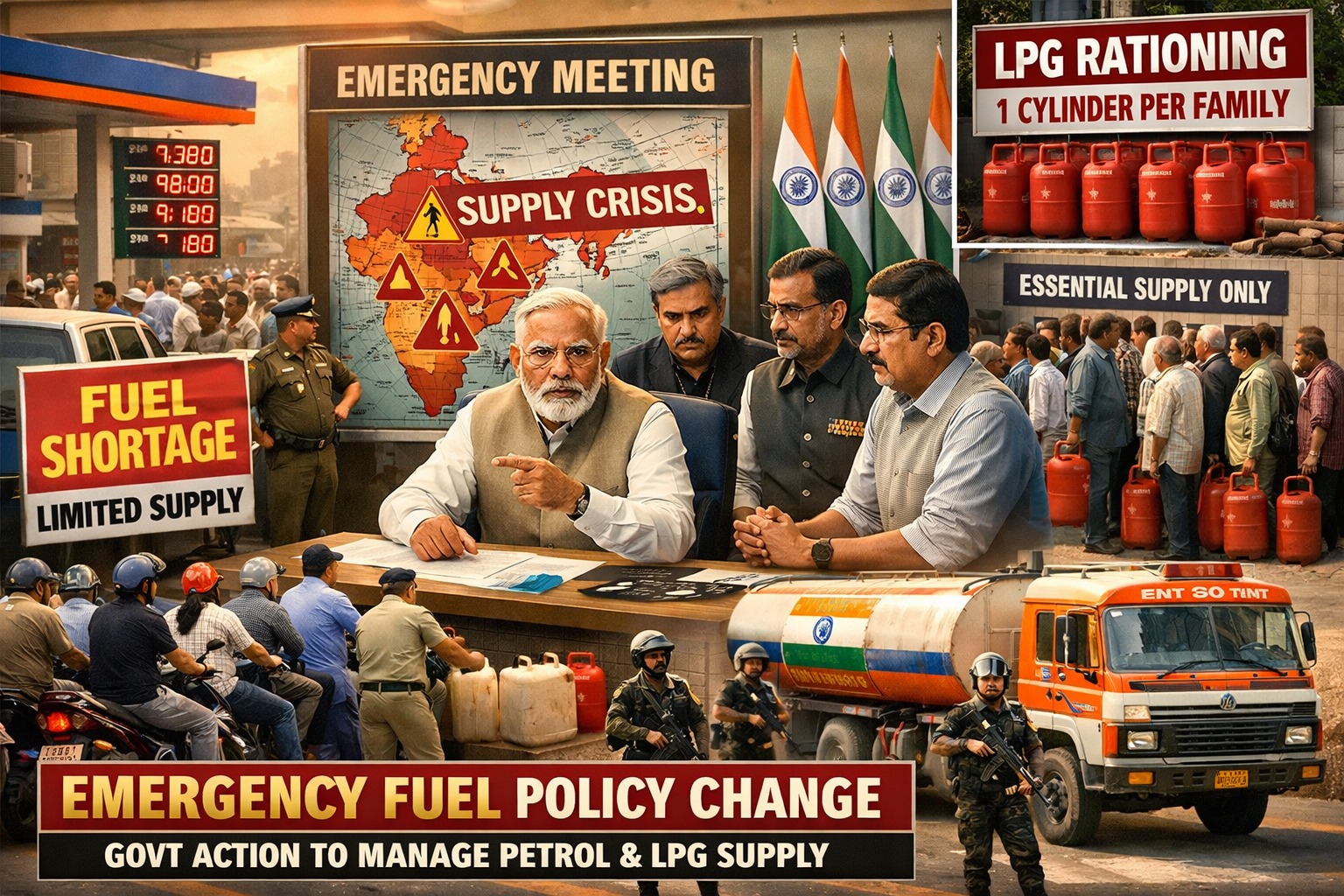 Emergency fuel policy change in India showing government action to manage petrol and LPG supply during crisis